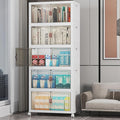 275Qt Stackable Storage Bins with Lids, 5 Pack Large Collapsible Bins with Wheels, Plastic Cabinet with Doors, Foldable Closet Organizers and Storage for Home, Dorm, Office, White