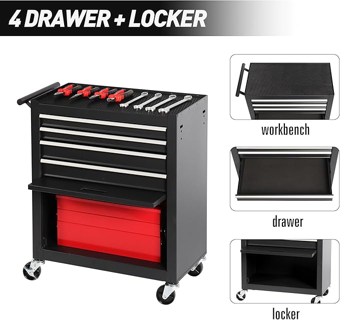4-Drawer Rolling Tool Chest, Cabinet with 4 Wheels Tool Chest with Drawers, Suitable for Garages, Warehouses, Workshops, Repair Shops (4-Drawer Black)
