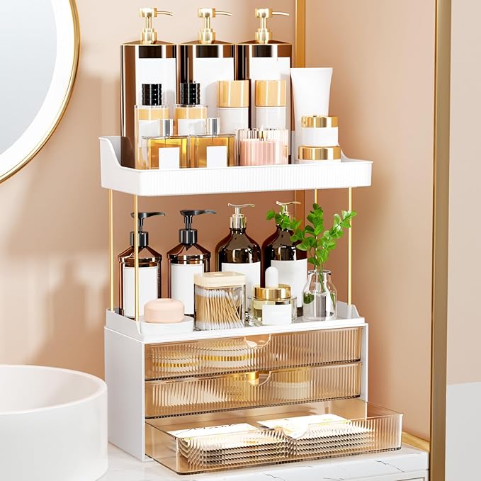 5 Tier 3 Drawers Makeup Organizer, 2 Set Bathroom Organizers and Storage,Cosmetic Storage Drawer for Dresser Countertop and Bathroom Vanity for Large Skincare, Perfume, Amber