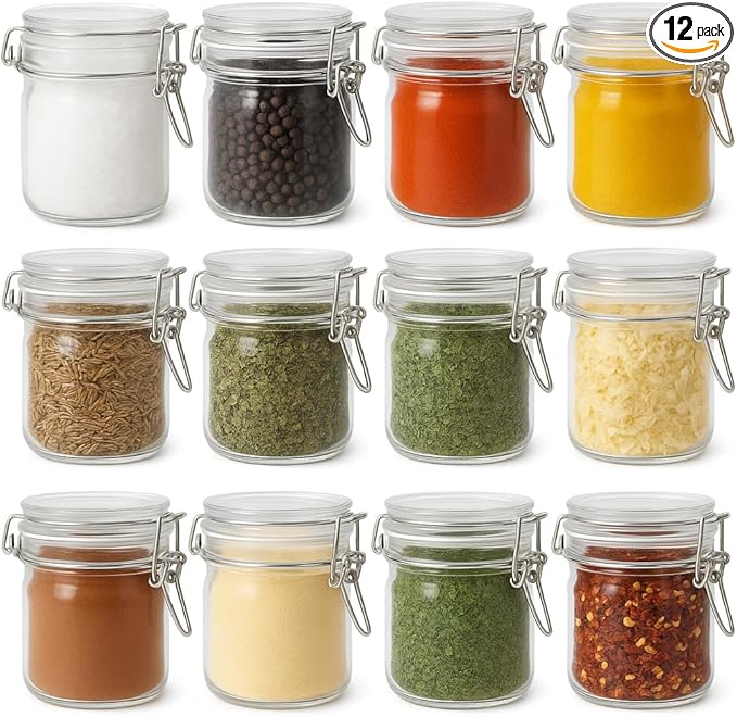 12 Pack Spice Jars, 8 oz Glass Containers with Airtight Lids, Small Herb Jars with Labels for Kitchen Storage