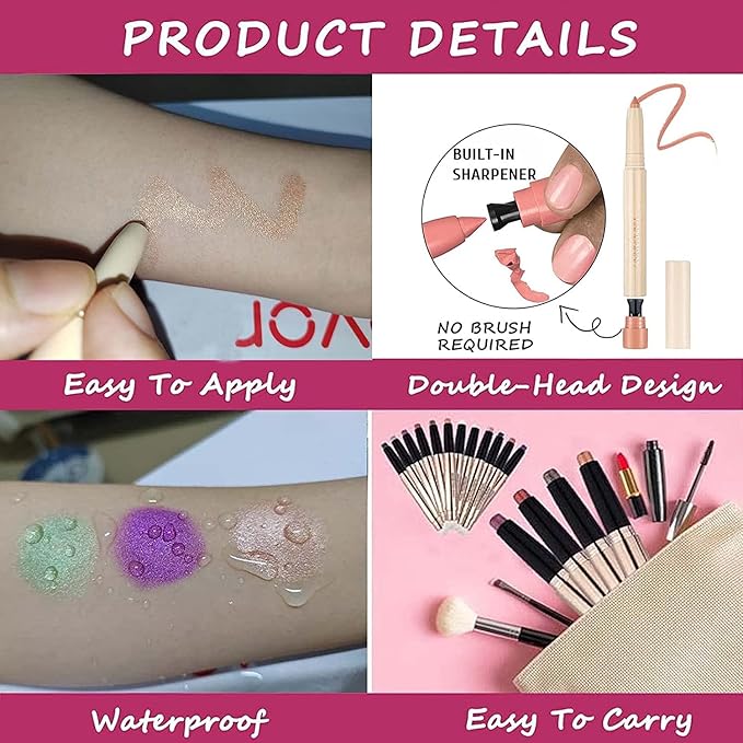 Rose Gold Eyeshadow Makeup, Waterproof Hypoallergenic Long Lasting Eye Liner, Highlighter Matte Cream Eye Shadow Stick, Glitter Primer Palette Shimmer Eyeliner Pen
