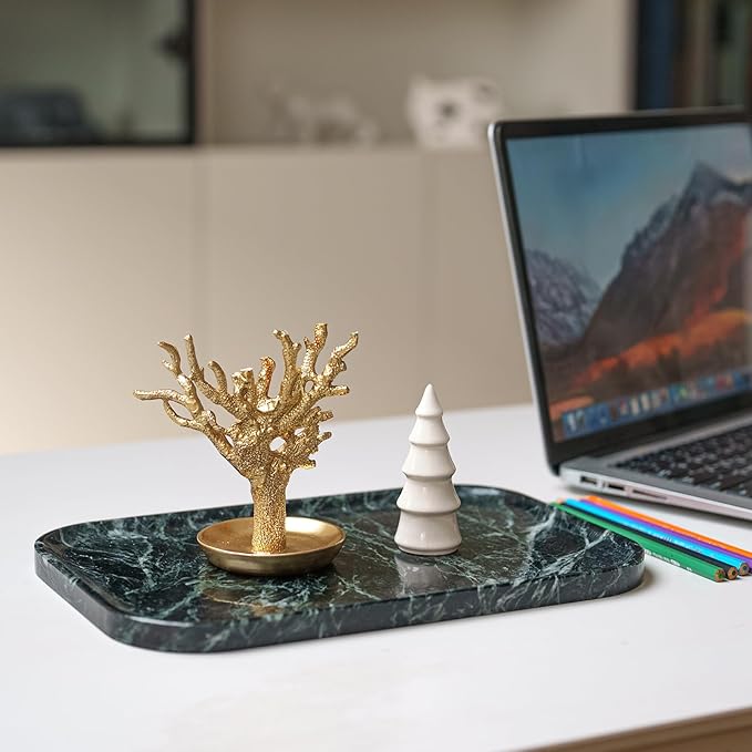 Natural Green Marble Tray 11.8"x7.8"x0.6" | Bathroom Vanity Organizer & Kitchen Countertop Decor | Waterproof Stone Tray for Jewelry, Perfume, Cosmetics Storage (Dark Green)