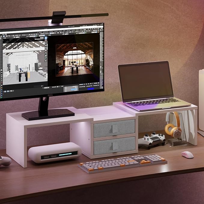 TEAMIX Dual Monitor Stand Riser with 2 Drawers - Length and Angle Adjustable White Monitor Stand with Storage Large Computer Riser for 2 Monitors/Laptop/PC, Wood Screen/TV Stand Desk Organizer