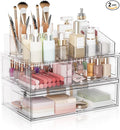 Clear Stackable Makeup Organizer with Drawer, 12''W Acrylic Storage Drawers, Cosmetic Display Case for Vanity Bathroom Countertop, Beauty Holder for Lipstick Brush Skincare Perfume