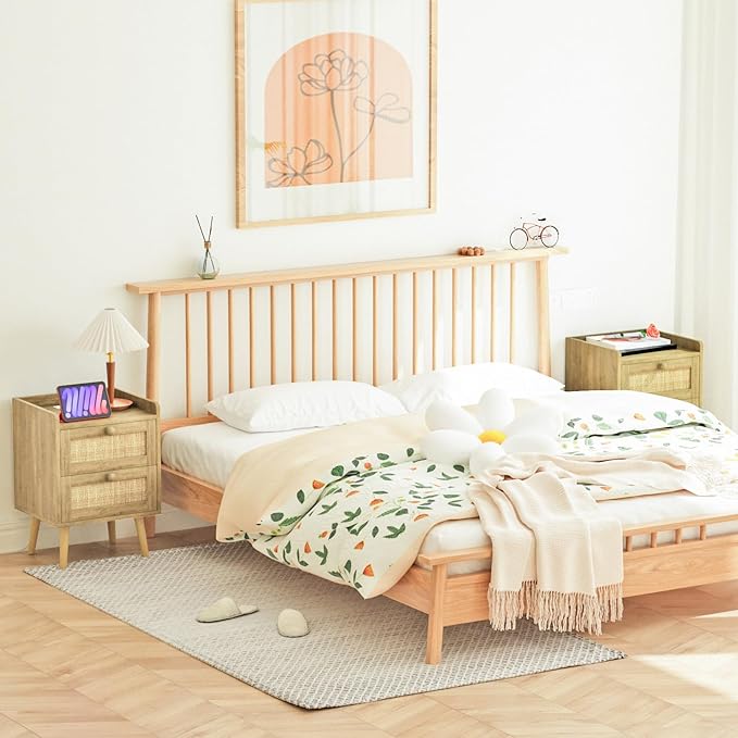 Rattan Nightstand with Charging Station, Mid Century Modern Bedside Side Table with 2 Drawers, Boho End Table with Wood Legs for Bedroom Natural Night Stand for Living Room