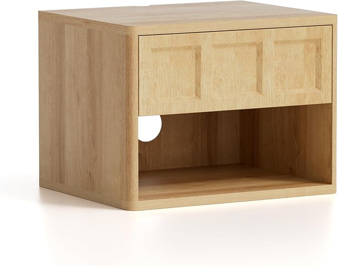Farmhouse Floating nightstands Set of 2, Small Wall Mounted Storage Cabinet with Open Shelf, Wood Bedside End Table for Bedroom, Living Room, Natural Oak