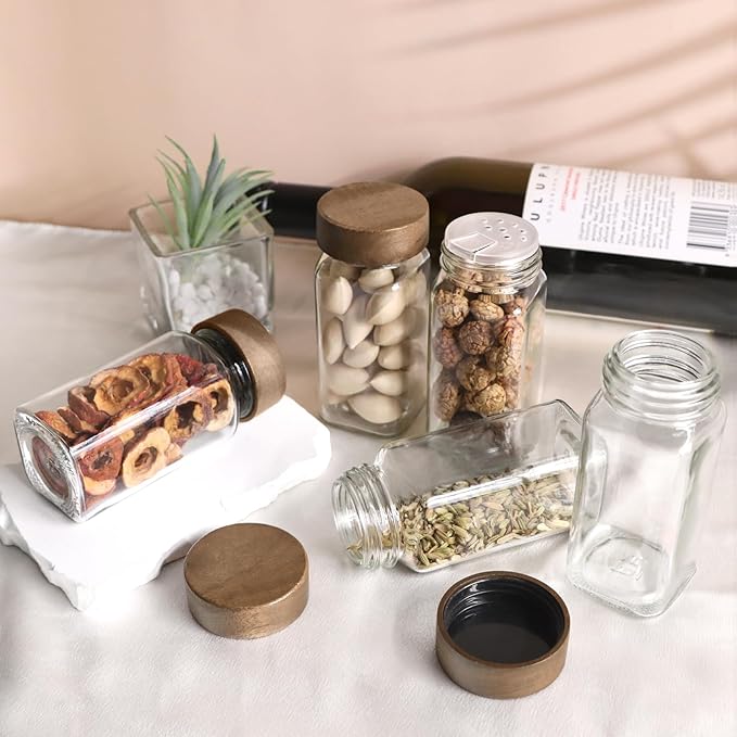 ZEHIQ 12Pcs Glass Spice Jars with Acacia Wood Lids, 4 oz Square Seasoning Containers with Labels, Seasoning Jars with Shaker Lids, Chalk Pen, Funnel, Cleaning Brush, Spice Bottles for Cabinet, Drawer
