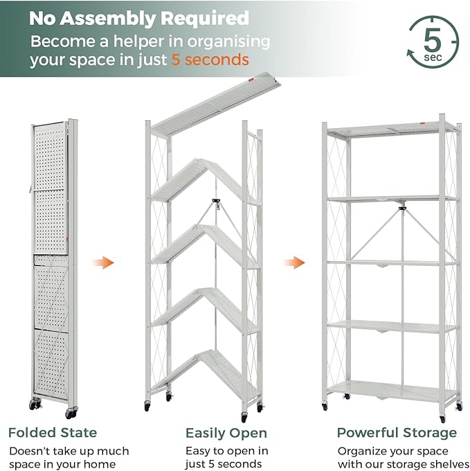 DEANIC 5 Tier Foldable Storage Shelves with Wheels, Large Capacity Shelving Unit, Freestanding Metal Wire Shelf Rack, No Assembly Organizer Rack for Garage Kitchen, Basement, Pantry(Grey Pack of 4)
