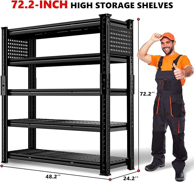 SILVEL 48.2"W Garage Shelving, 5000LBS Heavy Duty Metal Shelving, 2025 Grid Storage Shelves, 2 Side Pegboards, Industrial 5 Tier Shelves for Basement Pantry Warehouse Supermarket, 72.2" x24.2" x48.2"