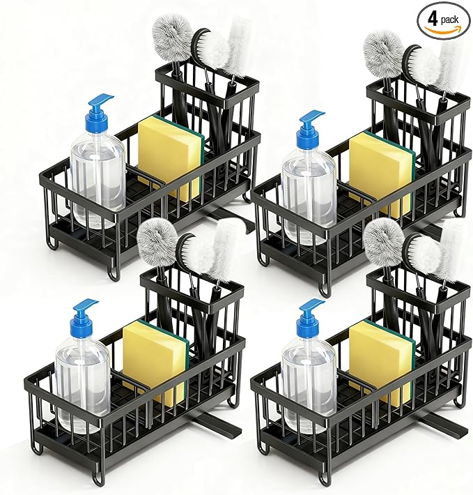 Sponge Holder for Kitchen Sink: 4 Pack Sink Caddy Organizer Complete with High Brush Holder & Auto Drain Tray, Stainless Steel Countertop Storage for Soap Dispenser & Dish Brush, Fast Local Shipping