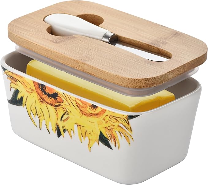 Cute Cat Large Butter Dish with Lid for Countertop,Cute kitten Ceramic Covered Butter Holder with Knife for Fridge, Airtight Butter Keeper Container Storage for East West Coast Butter,White