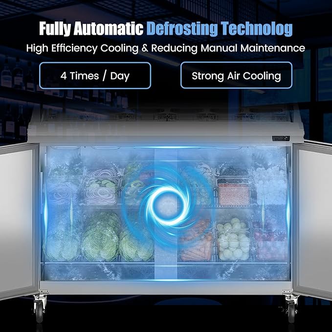 48" W Commercial Refrigerator Sandwich Salad Prep Table, Stainless Steel 2-Door Sandwich Prep Table Refrigerator, Counter Fan Cooling Refrigerator with 18 Pans for Restaurant, Bar