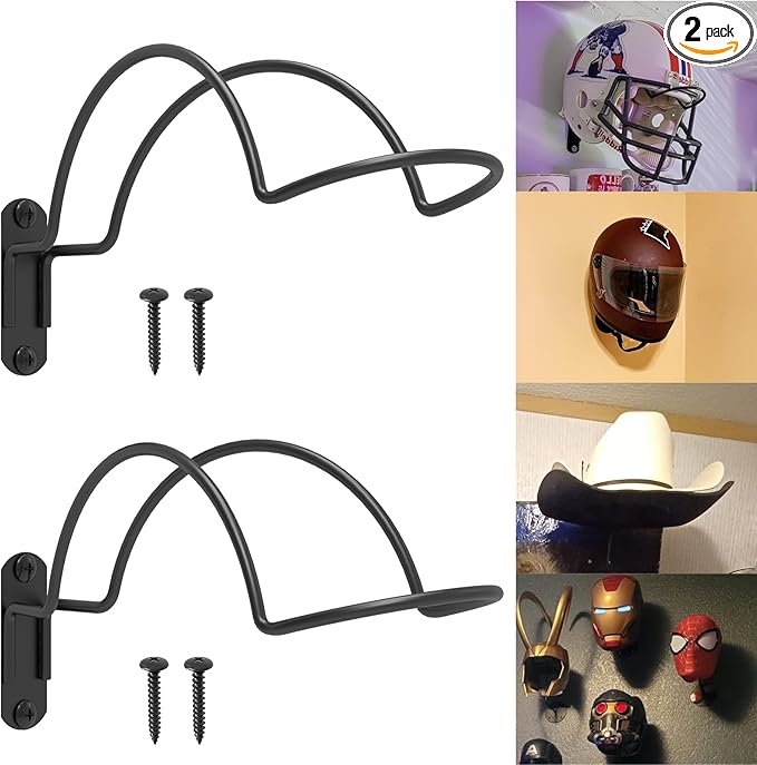 2-Pack Wall-Mounted Multi-Purpose Helmet Storage Display Rack - Durable Metal Hanger Hook for Equestrian, Motorcycle, Baseball, Hockey, Rugby & Electronic Helmets | Heavy-Duty Construction with Screws