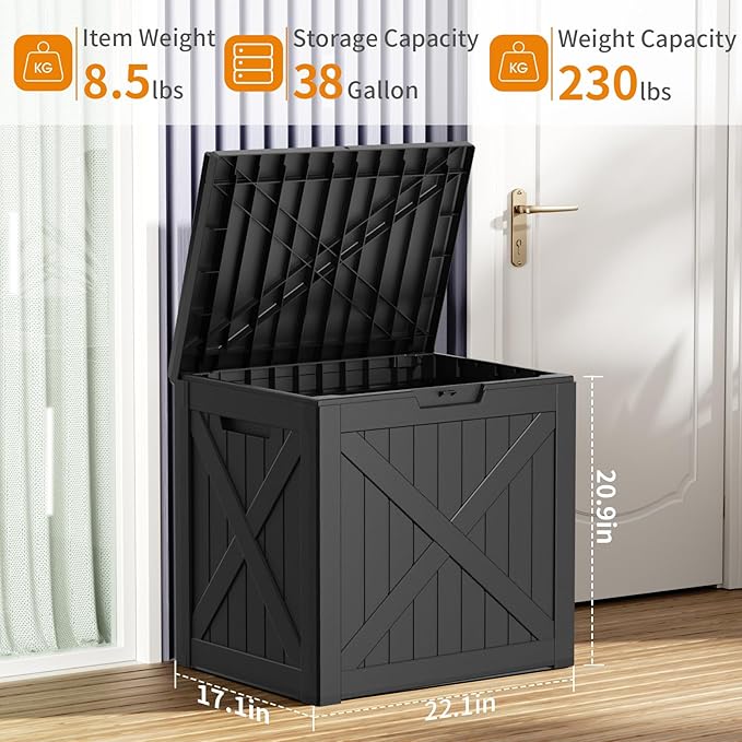 38 Gallon Outdoor Deck Box,Storage Lockable Waterproof Patio Furniture,Garden Tools,Cushions,Pool Accessories Outside Storage Resin Box(Black)