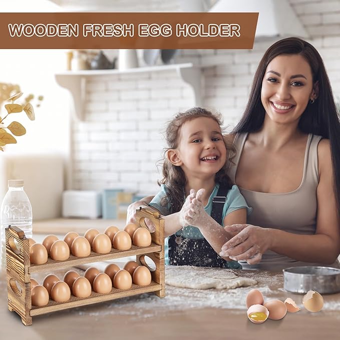 Wooden Egg Holder & Storage-3Tier /36-Hole Stackable Holds Fresh Eggs, Farmhouse Eggs Rack Wood, Rustic Countertop Chicken Egg Organizer Wood with Distressed Finish for Home Kitchen Decoration