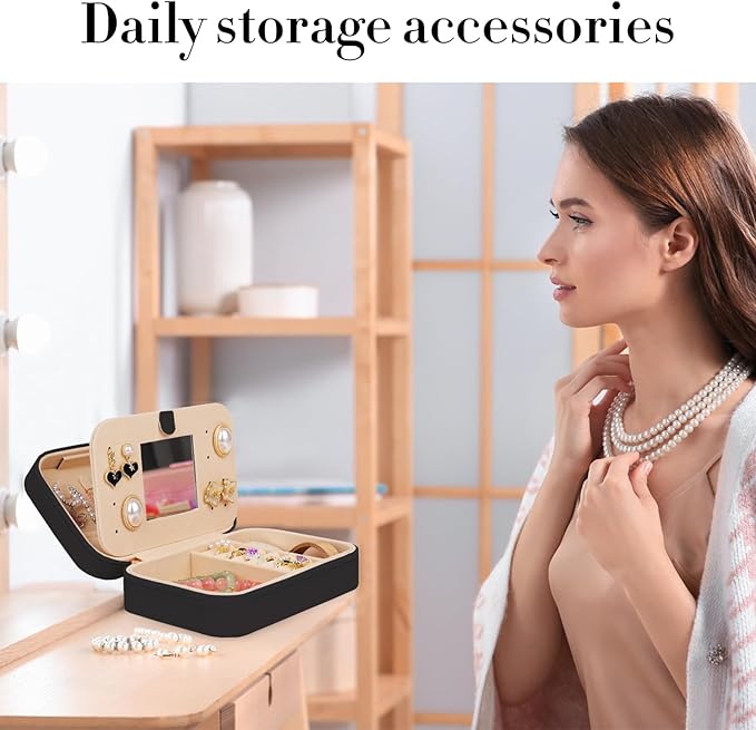 TopPerfekt Travel Jewelry Case, Jewelry Box with Mirror, Jewelry Organizer Bridal Shower Gifts to Her, Earring Storage Travel Case, Trendy Gift for Women and Girls, Girlfriend-Letter V, Black