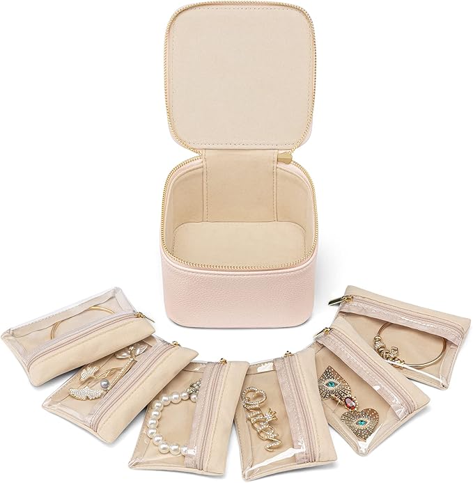 Vlando Gifts for Teachers,Jewelry Box with 6 Velvet Jewelry Bags Travel Jewelry Storage for Women Girl Jewelry Organizer Necklace Rings Earrings Bags Gifts for Women(Pink)
