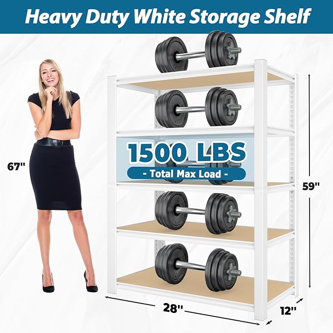 PrimeZone 28" W x 12" D x 59" H Closet Storage Shelves - 5 Tier White Metal Connector Shelving, Adjustable Heavy Duty Garage Shelves, Utility Rack Organizer Shelf for Kitchen Pantry Closet Garage