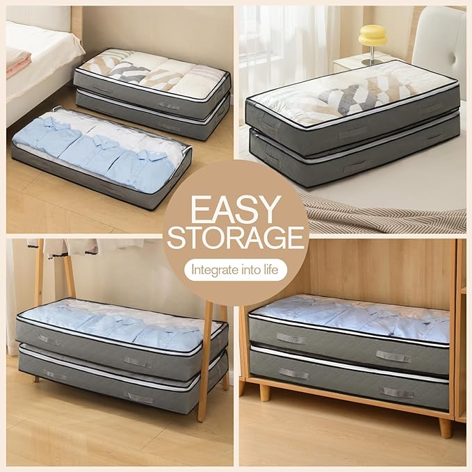 90L Under Bed Storage Containers, Closet Organizers and Storage Bins, Foldable Underbed Storage Bags for Blanket, Clothing, Comforter, Sweaters, Pillows, Linen Sheets, Wrapping Paper, Gray