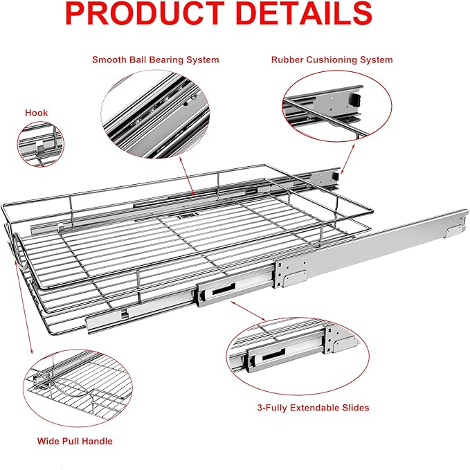 Pull Out Cabinet Organizer 17" W x 21" D, Heavy Duty Kitchen Cabinet Pull Out Shelves, Slide Out Wire Basket for Kitchen Cabinets, Bathroom, Pantry, Chrome Finish