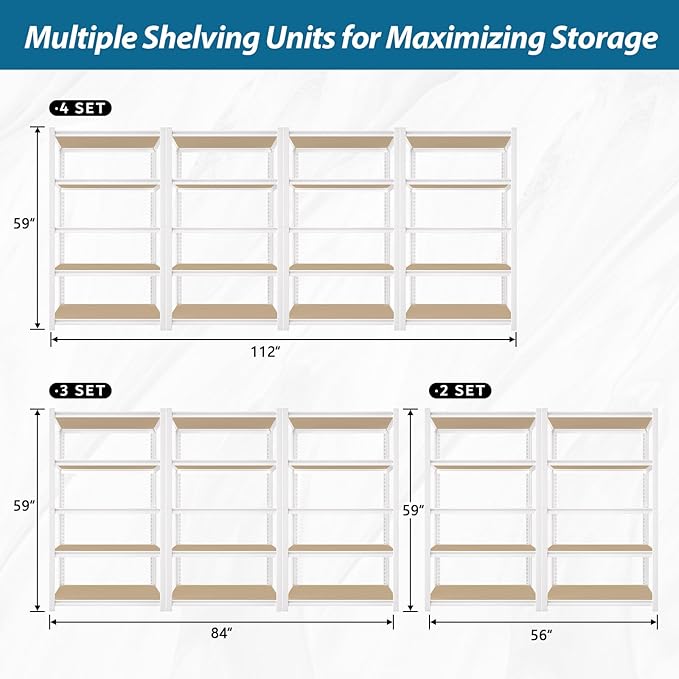 PrimeZone 28" W x 12" D x 59" H Closet Storage Shelves - 5 Tier White Metal Connector Shelving, Adjustable Heavy Duty Garage Shelves, Utility Rack Organizer Shelf for Kitchen Pantry Closet Garage