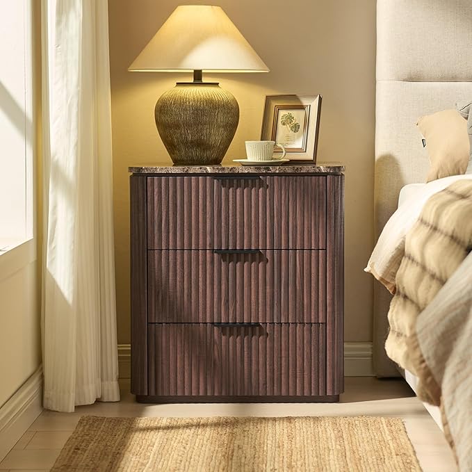 Fluted Nightstand with 3 Drawers, Engineered Wood Bedside Table with Faux Marble-Top, Modern End Table with Curved Corners, Metal Handle, Large Night Stand for Bedroom, Office, Closet, Dark Oak