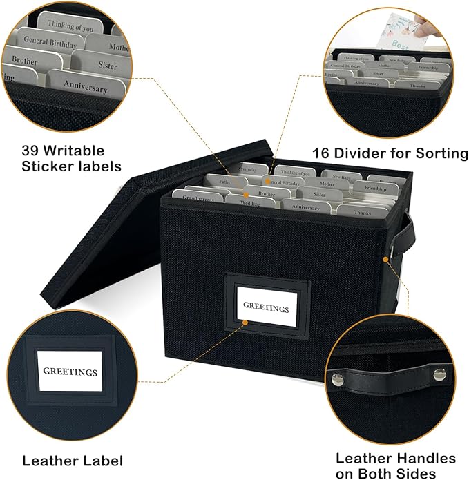 Greeting Card Organizer Box with 16 Dividers,Collapsible Greeting Card Storage Box with Handles Hold 150+ Cards,Greeting Card Holder for Greeting Cards,Sticker, Recipes, Photos, Envelopes,2-Pack