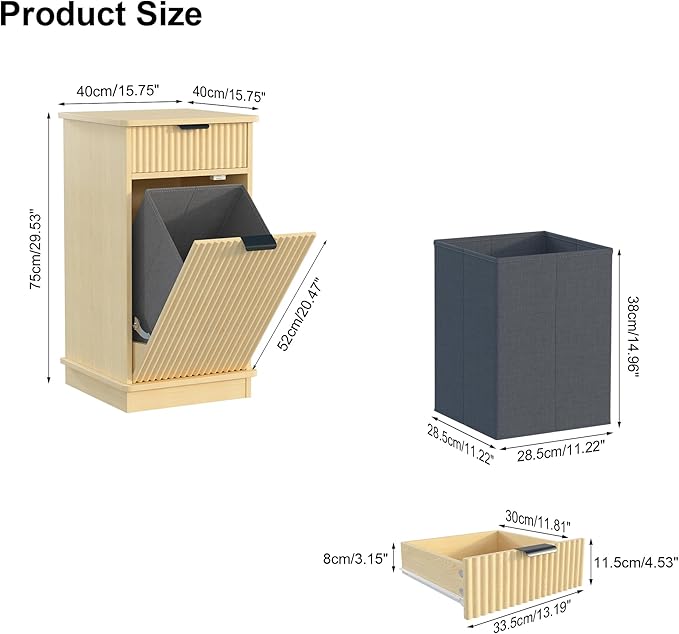 Natural Tilt Out Laundry Hamper Cabinet Hidden Laundry Hamper Cabinet with Drawers and Baskets for Bathroom Hamper with Storage for Kitchen Bedroom，16x16x30in