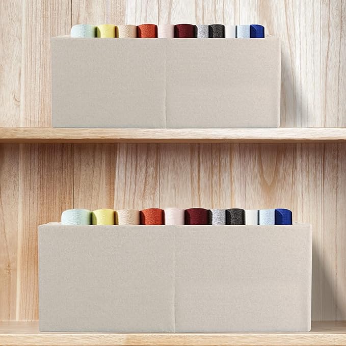 Fabric Storage Bin 3 Pack Foldable Cotton Linen Storage Basket with Wooden Handles Rectangular Cube Box - Beige, Large