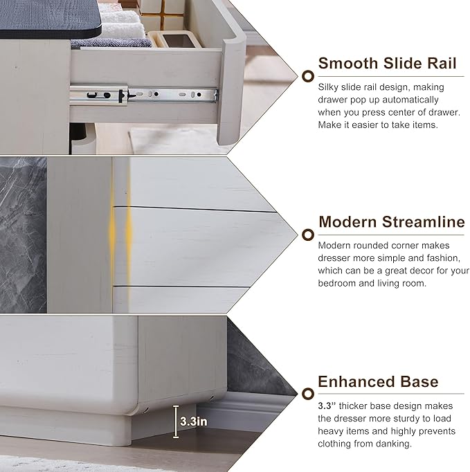 ACCOHOHO Modern 5 Drawer Dresser for Bedroom, 42" Tall Wooden Dressers with Large Storage,Handleless Chest of Drawers for Living Room & Hallway, Curved Profile Design, White