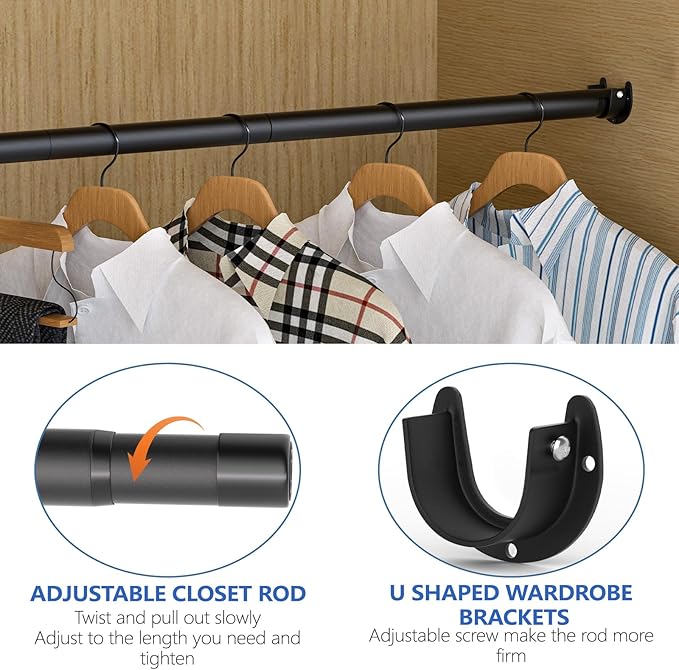 Closet Rods for Hanging Clothes, 17 to 83 Inch Closet Rod, Heavy Duty Adjustable Clothes Hanging Bar Rod Matte Black Closet Poles for Wardrobes, Closet, Bathroom, Windows,1.3 Inch Diameter