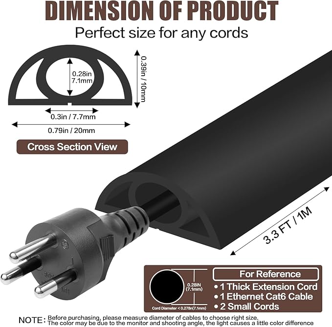 Floor Cord Cover Self Adhesive Cord Hider,3.3FT Cable Management, Extension Strip Protector for Wires, Prevent Cable Trips for Offices, Gyms, Exhibitions Cavity:0.3"(W) x 0.28"(H) Black