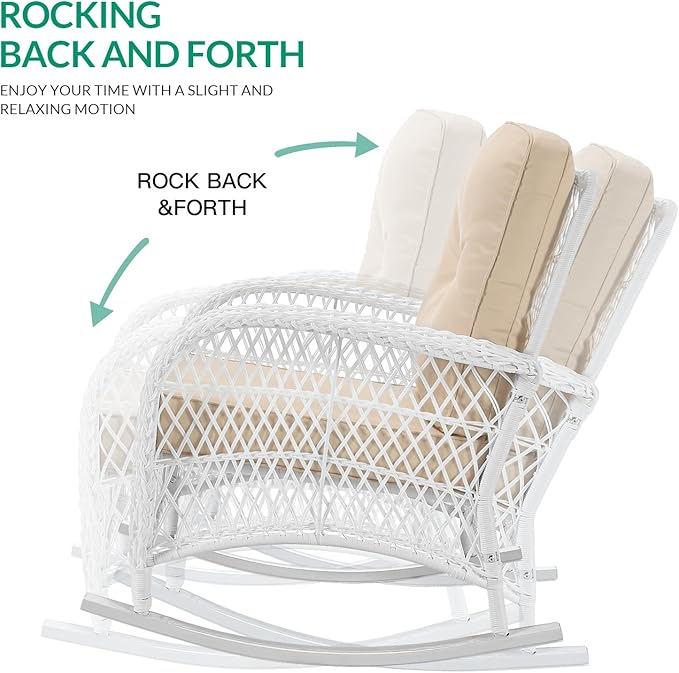 VIVIJASON Outdoor Wicker Rocking Chair, Patio Rattan Rocker Chair with Cushions & Steel Frame, All-Weather Rocking Lawn Furniture for Garden Backyard Porch (White Wicker/Beige)