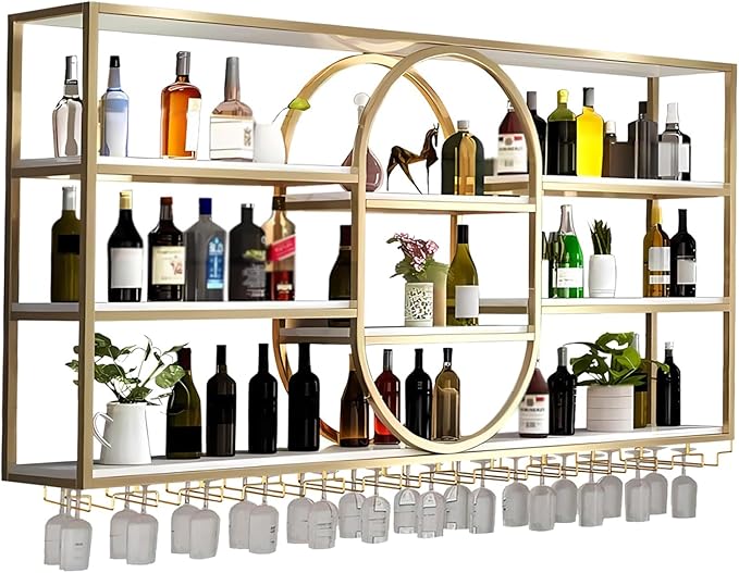 Large Wall Mount Wine Rack, Metal 4 Tier Large Capacity Hanging Bar Rack with Wine Glass Holder, Oval Wine Bottle Storage Display Rack for Kitchen, Living Room, Home (Gold, 180cm/71in)