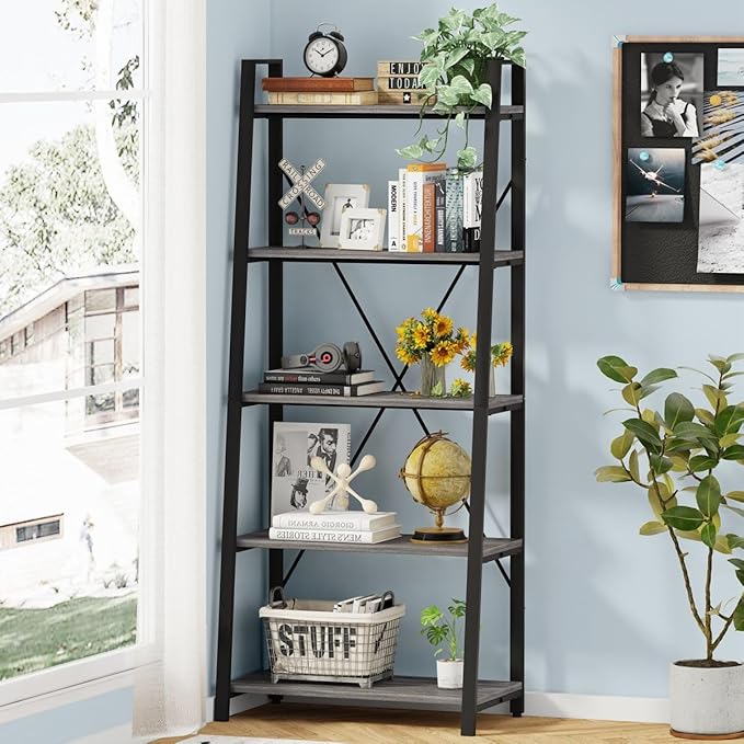 BON AUGURE 5-Tier Ladder Shelf, Industrial Leaning Bookcase, Wood and Metal Ladder Bookshelf for Living Room, Bedroom, Kitchen, Home Office (Grey Oak)