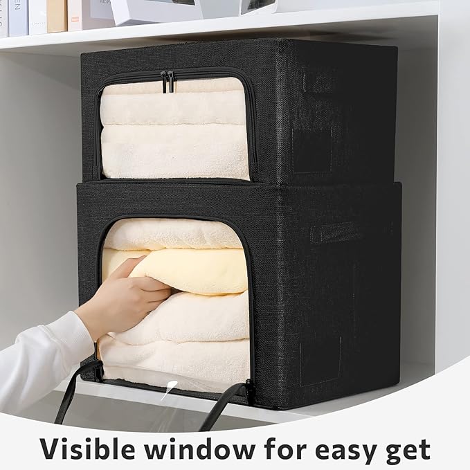 FHSQX 2 Pack Clothes Storage Bins Foldable Metal Frame Storage Box Linen Fabric Organizer Set with Carrying Handles and Clear Window (Black, 15.7x 11.8x 7.8Inch)