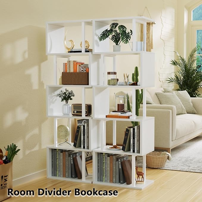 Furologee White Geometric Bookshelf 6 Tier S-Shaped Bookcase, Tall Modern Display Storage Shelf, Metal and Wood Decorative Freestanding Room Divider Shelves for Bedroom, Living Room, Office