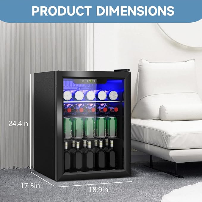 Beverage Refrigerator Cooler, 95 Can Mini Fridge Glass Door for Drinks Soda, Beer, or Wine - Small Refrigerator for Office Bedroom Home Bar, Adjustable Shelves, 2.6 Cu.Ft, Black
