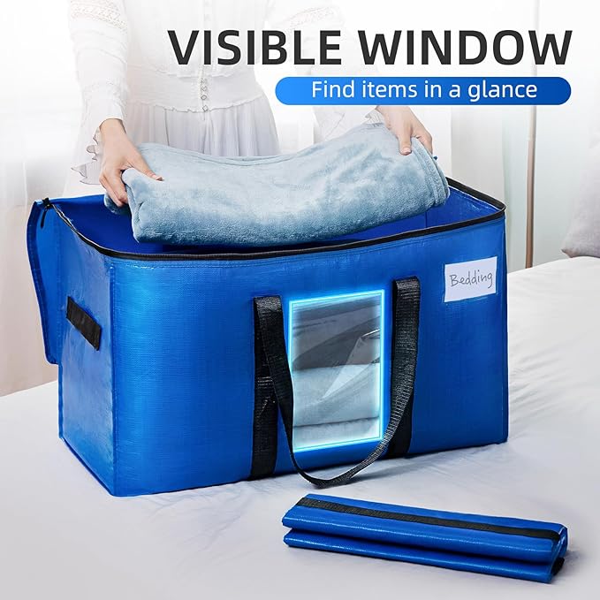TAILI Extra Large Moving Bags, 8 Pack Blue Heavy Duty Totes for Storage with Visible Window, Wrap Around Handles, Storage Bags for Space Saving, Alternative to Moving Boxes