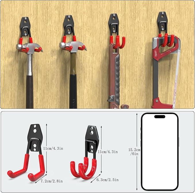 3-H Garage Wall Hooks 10 Pack, Garage Hooks Heavy Duty with Extra Welding Spots, Wall Storage Organizer for Hanging for Garden, Lawn, Yard (Red)