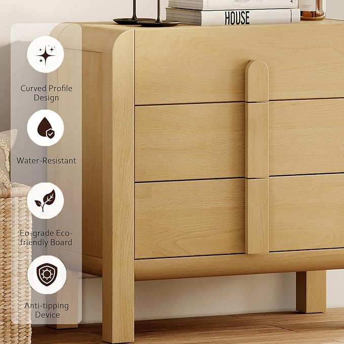 WAMPAT 3 Drawer Dresser for Bedroom,31.5" Wide Mid Century Modern Wide Chest of Drawer, Wood Tall Nightstand with Curved Edge Handles, Closet Dresser TV Stand for Bedroom, Oak