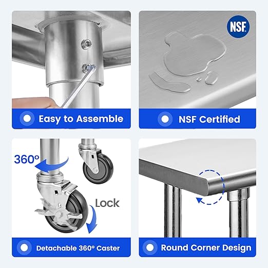 Hally Stainless Steel Table for Prep & Work 24 x 48 Inches with Caster Wheels, NSF Commercial Heavy Duty Table with Undershelf and Galvanized Legs for Restaurant, Home and Hotel