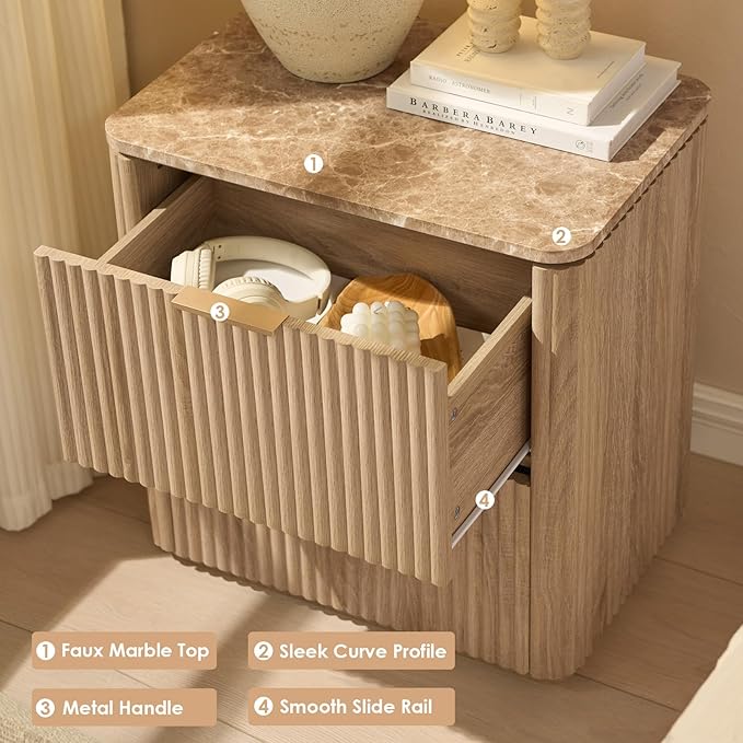 Fluted Nightstand with 2 Drawers, Bedside Table with Faux Marble-Top, Engineered Wood End Table with Curved Corners, Metal Handle, Modern Night Stand for Bedroom, Small Spaces, Natural Oak