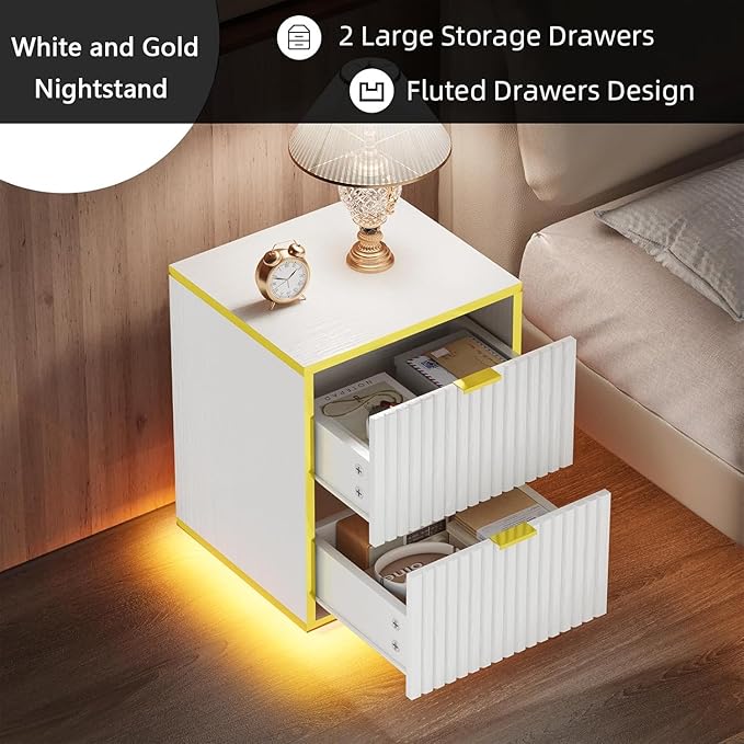 Fluted Nightstand Set of 2, White End Table with LED, Modern Floating Night Stand with Base, Bedside Table with Storage, End Table with Drawers for Bedroom, White and Gold