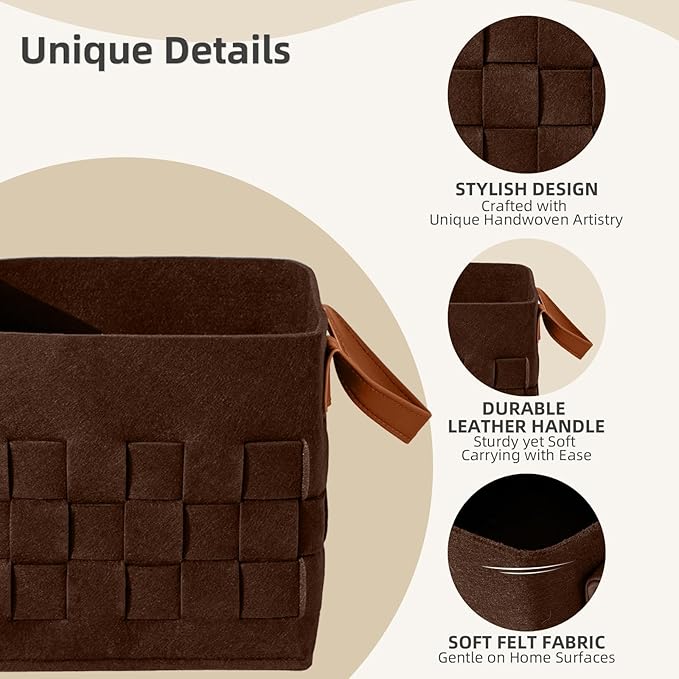 10 Inch Cube Storage Basket 3 Pack, Blanket Baskets with Leather Handle, Felt Fabric Storage Bin for Shelves,Square Baskets for Toys Nursery Living Room, Brown