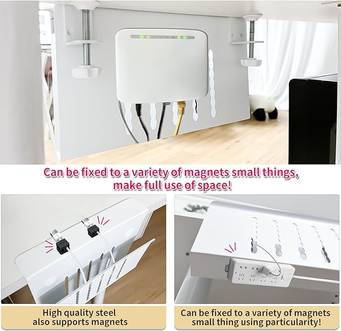 Desk Side Storage, Under Desk Storage, No Drill Steel Hanging Desk Organizer, Laptop Holder, Table Hanging Storages Holder for Office & Home (White)
