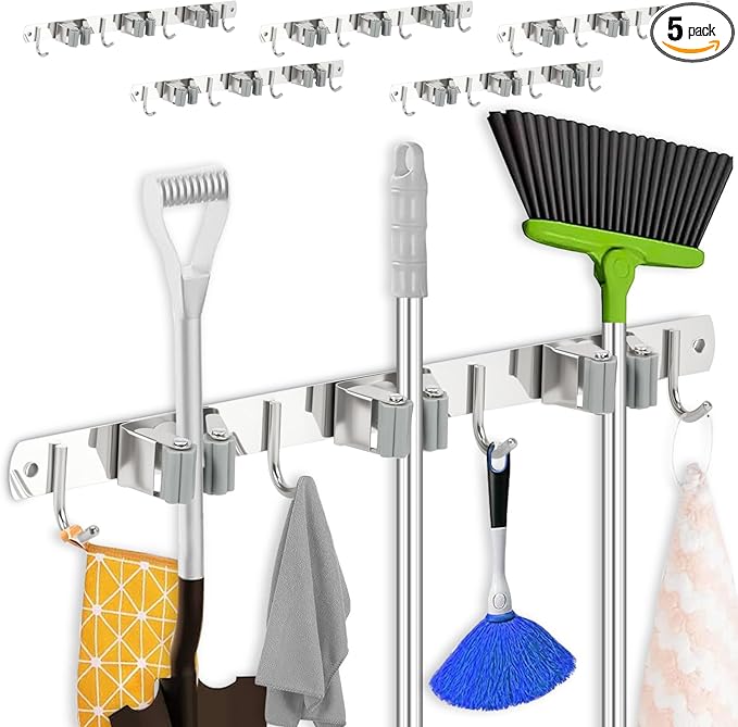 5 Pack Broom Holder Wall Mount 3 Racks 4 Hooks Stainless Steel Broom Mop Holder Anti Slip Storage Rack Strong Load Bearing Waterproof Broom and Mop Organizer Wall Hanging for Bathroom Kitchen Garage