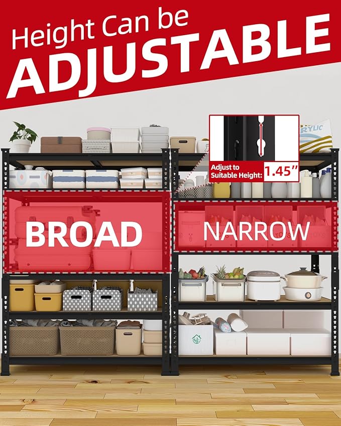 PrimeZone 35.5" x 12" x 72" Heavy Duty Storage Shelves - 5 Tier Adjustable Garage Storage Shelving, Metal Storage Utility Rack Shelf Unit for Warehouse Pantry Closet Kitchen, Black, 2 Pack