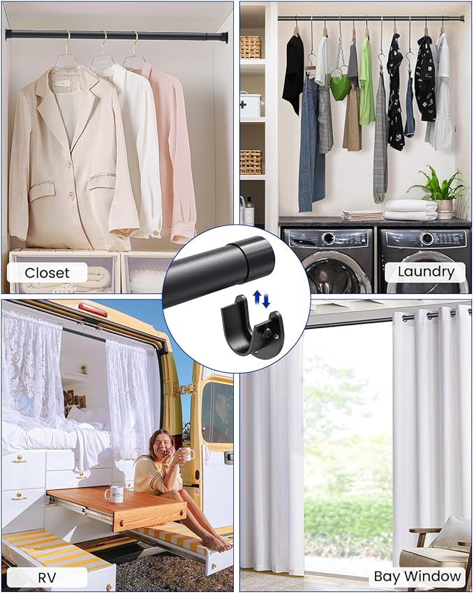 2 PACK Closet Rods for Hanging Clothes, 17 to 69 Inches Stepless Adjustable Metal Closet Rod, 1.3 Inches Heavy Duty Clothes Hanging Rod for Closet Wardrobes Laundry RV, Black
