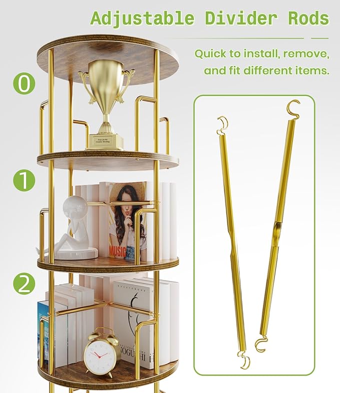 5 Tier Round Rotating Bookshelf Tower Gold,62” Tall Space Saving Spinning Bookshelf with Anti-Tipping Design,Metal Standing Revolving Bookcase Stackable for Small Spaces,Study,Living Room